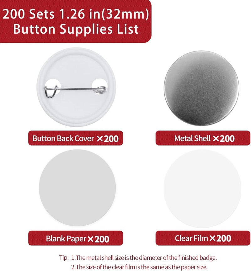 Onemorello 200 Sets Button Maker Supplies, 1.26 inch / 32mm Button Parts Buttons Supplies, Approx. 1.25 in Blank Badge Parts with Blank Paper for Buttons Maker Machine Pin Maker Press - Image 2